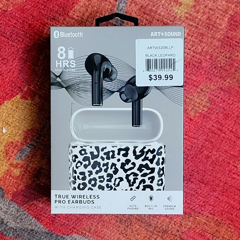 💗 ART + SOUND True Wireless Pro Buds w Charging Case Black Leopard NIB